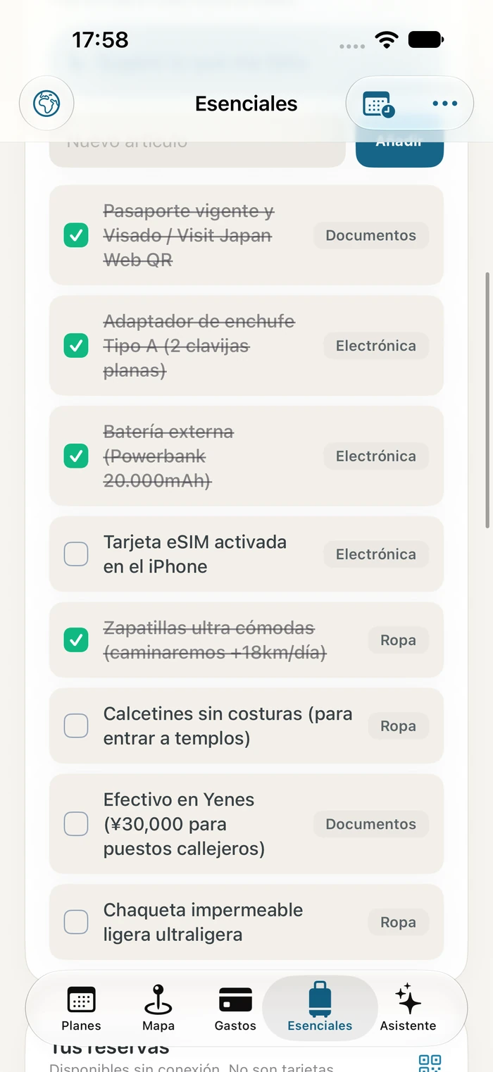 Current Traivu Essentials screen showing demonstration packing items and bookings