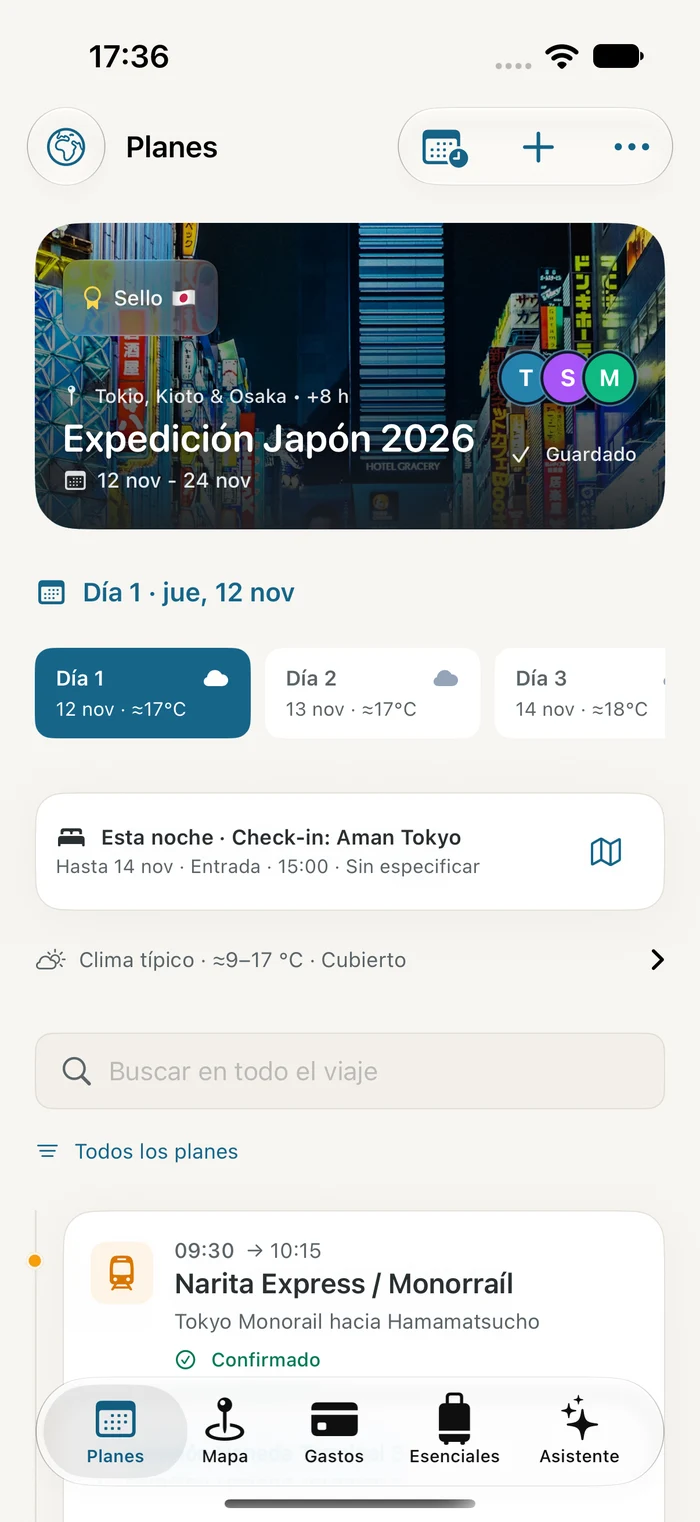 Traivu en iPhone: itinerario real con vuelos, hotel y planes de un viaje de ejemplo a Japón