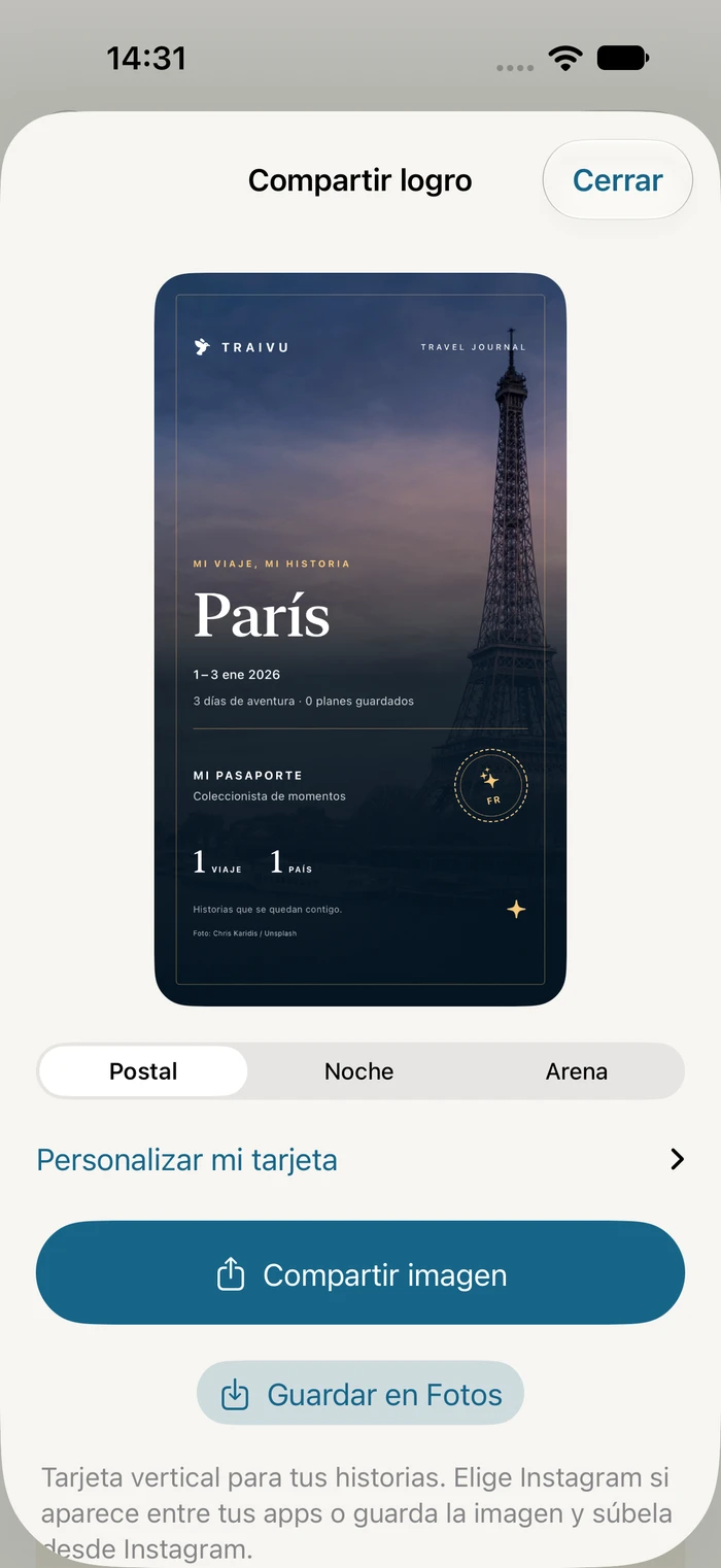 Captura real de Traivu mostrando una postal para compartir un viaje de ejemplo a París